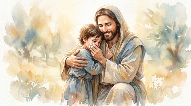 Jesus comforting a crying child. Watercolor illustration depicting a man consoling a sad kid. Biblical scene of divine love, mercy and hope. Spiritual concept for religious art.