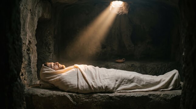 Jesus Christ lying in a stone tomb wrapped in shroud. Dramatic beam of light illuminating the body. Concept of resurrection or burial of messiah in biblical cave setting, Easter holiday.