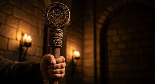 Hand grips ornate medieval staff in dimly lit castle hall, symbolizing leadership and ancient power