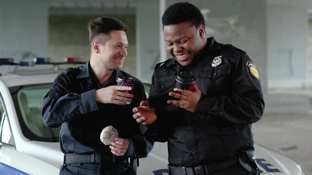 Rest time two policemen drinking coffee and eating donut use phone smile talk near patrol car help happy african american break gangster uniform funny teamwork portrait slow motion