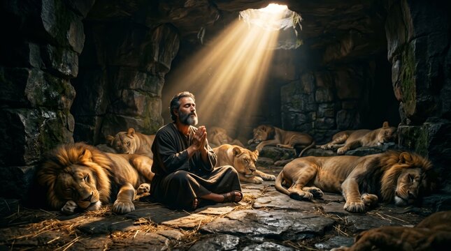 Daniel praying in lions den. Religious scene depicting biblical prophet and divine protection. Ancient historic story for christianity concept and spiritual faith reflection.