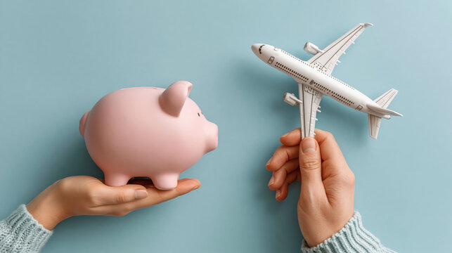 Top view of hands holding a pink piggy bank and a toy passenger airplane representing travel savings and holiday budgeting