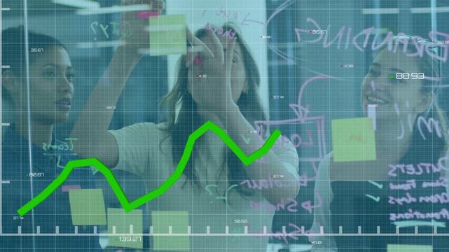 Center woman placing sticky note, team writing on clear glass for planning, green chart overlaying