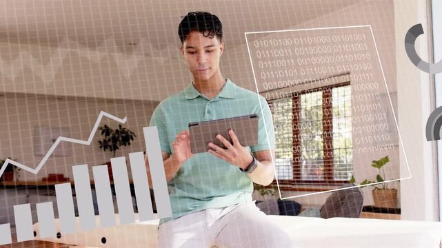 Vertical video: Reacting to HUD popup, man in mint polo tapping tablet at home, reviewing data