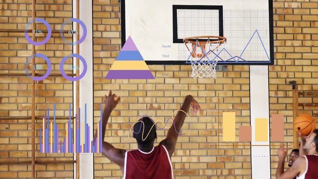 Center shooting blue ball while teammate shooting orange ball during practice overlaying charts