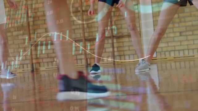 Ball entering frame, player dribbling and probing space on court while data overlays mapping feet