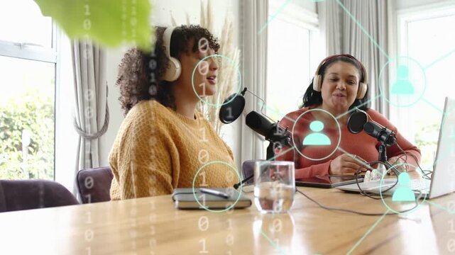 Left host turning toward co-host and starting podcasting, causing animated binary and network icons