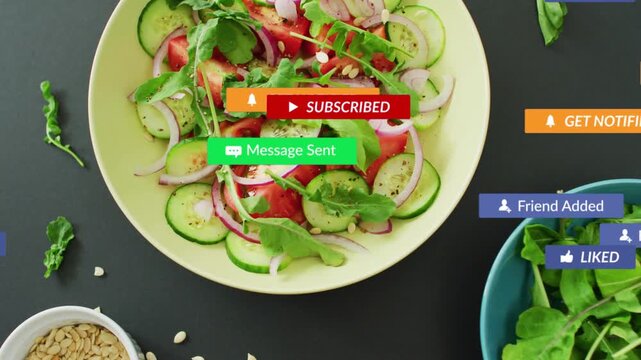UI badges animating on cursor click, grouping over salad, covering then clearing, showing buzz