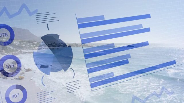 On play blue overlay animating over beach rings updating pie rotating bars extending to show trends