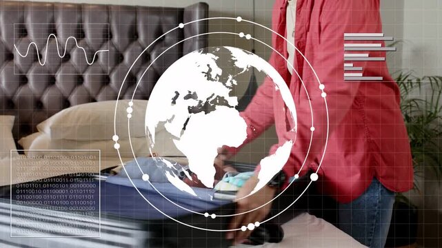 Couple packing luggage, travel plans causing folding, handing hat, phone, HUD globe overlaying