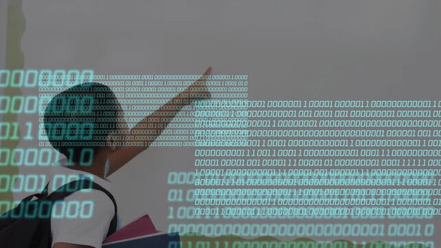 Pupil raising arm and pointing to mark school whiteboard spot, causing cyan binary overlay