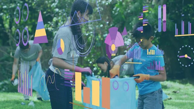 Woman guiding boy in park cleanup, taking, dropping bottle, data overlays over volunteers