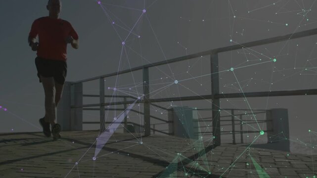 Senior runner moving on pier camera tracking and overlay sweeping showing stride for fitness