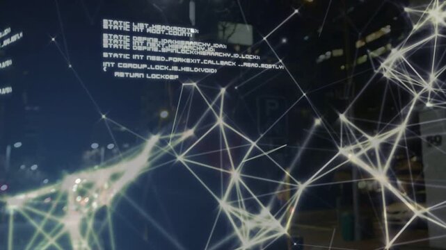 Man walking city street at night, lit network expanding around him, floating code showing tech data