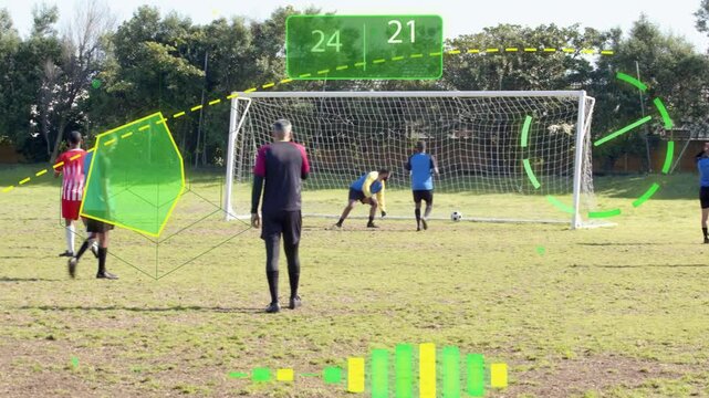 Red striker running and shooting to score, GK diving, ball hitting net, HUD overlaying sports panel