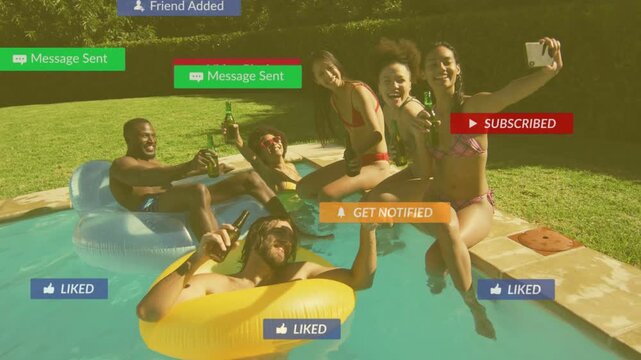 Six friends taking selfie poolside, showing cascading sub like badges then fading, boosting reach