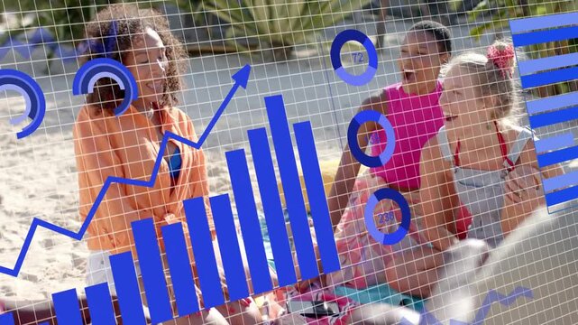 Beach group talking, tech overlay appearing, animating grid, line, bar, pie charts obscuring group