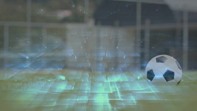 Faint grid appearing left, sweeping over turf, lighting soccer ball with teal glow to show data