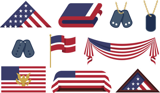 Military funeral vector set with American flag, folded burial flag and dog tags. Patriotic memorial icons for Veterans Day and honor guard services.