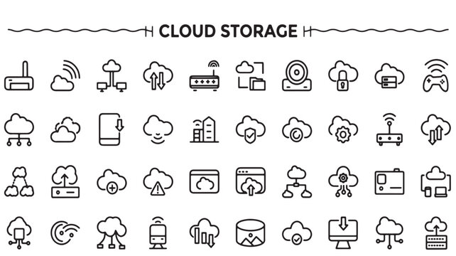 Cloud Storage Vector Icon Set: Data Management, Networking, and Server Tech Concepts