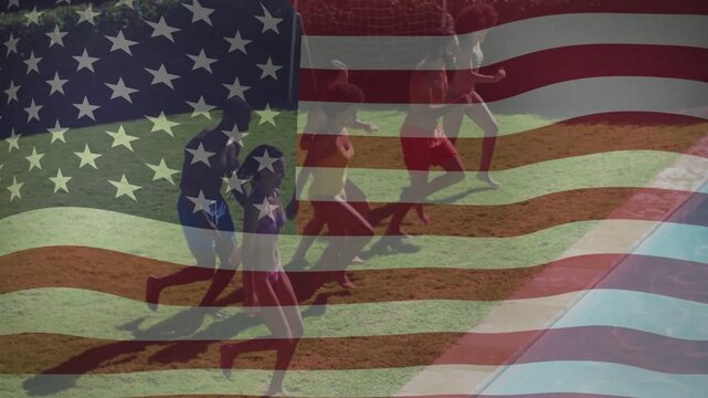 Sun-driven leisure group sprinting to pool, US flag overlay sweeping over group, jumping to cool