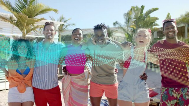 Six adults linking arms beach resort teal wave sweeping causing swaying and laughing for travel ads
