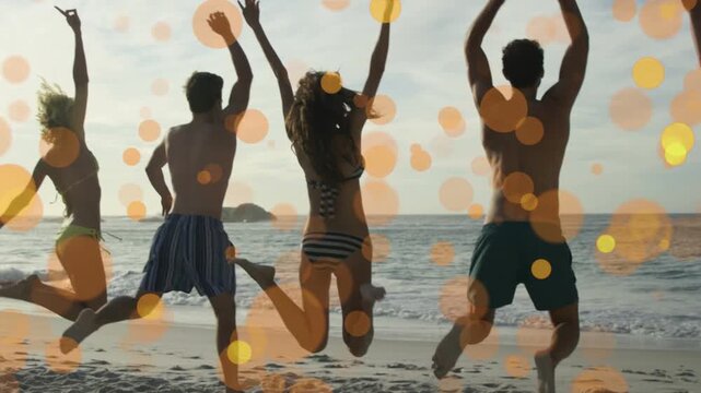 Left entry sparking five pals running, jumping, linking, walking shore with orange bokeh for travel