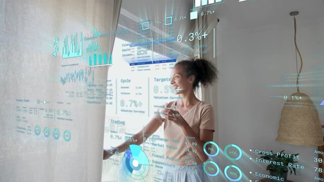 Woman pulling curtain, welcoming light, sipping mug and checking finance HUD overlaying her figure