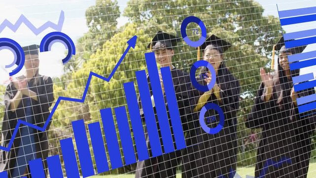 Grads clapping, tossing caps on lawn for graduation, sparking blue charts rising and covering frame
