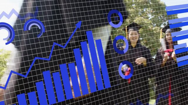 Graduates cheering on lawn, data overlays sliding and turning diplomas into charts for graduation