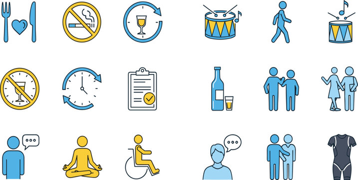 Comprehensive set of lifestyle and healthcare vector icons featuring wellness activities habit tracking social support and medical accessibility elements for infographic designs.