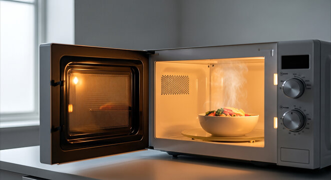 Steaming food in a microwave oven with door open, symbolizing modern kitchen convenience and quick meal preparation