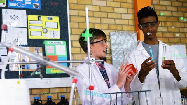 Students comparing tubes in chem lab after red flask lift, crosshair appearing over left student