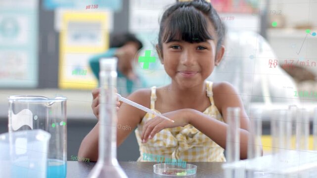 Girl placing pipette on science petri, producing result while green data showing teacher observing