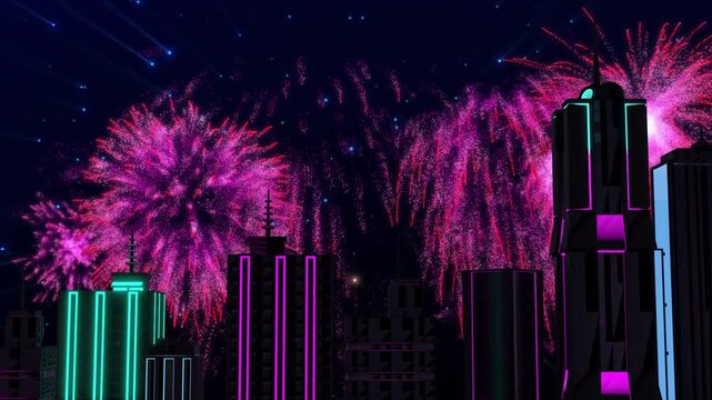 Single pink firework blooming, fireworks expanding and bursts cascading, highlighting neon skyline