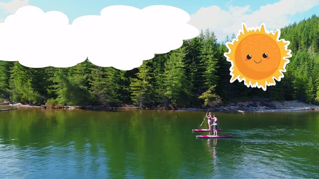 Two paddlers one starting paddling and drifting right on lake under sun or cloud overlays recreation