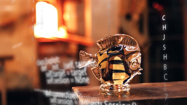 Camera racking focus, glass fish focusing, furnace glowing, code scrolling, revealing stripe detail