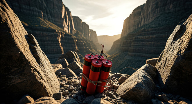 Dynamite sticks bundled in a rocky canyon with dramatic evening sunlight, symbolizing demolition, risk, and destructive power.