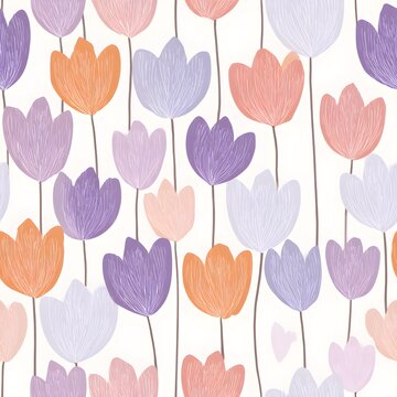 Botanical Illustration Seamless Pattern Featuring Vibrant Orange Purple Pink Flori Motifs Tall Stems White Background