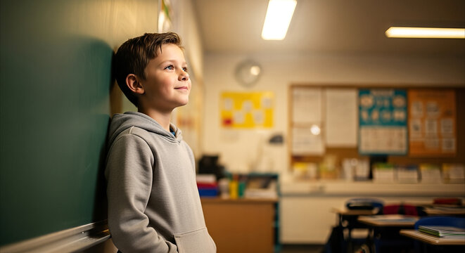 Young schoolboy in grey hoodie looking up thoughtfully beside chalkboard in vibrant classroom, symbolizing inspiration and learning