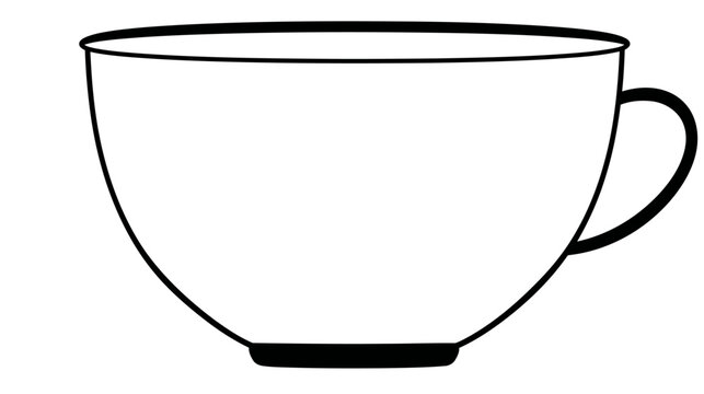 A simple black outline icon of an empty teacup or coffee mug, ready for a warm beverage, on white.
