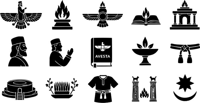Zoroastrianism Icon Set &ndash; Faravahar, Fire Temple and Ancient Persian Religious Symbols Vector Collection for Culture and Education