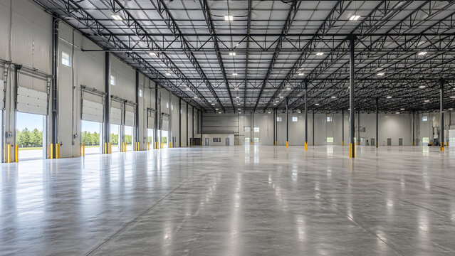 Large empty industrial warehouse with polished concrete floor and steel roof structure
