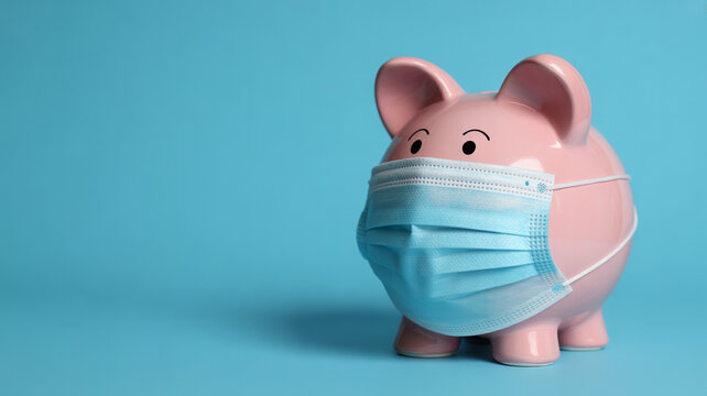 A pink piggy bank wearing a light blue surgical face mask stands prominently on a vibrant blue background, symbolizing financial protection and health precautions during uncertain times.