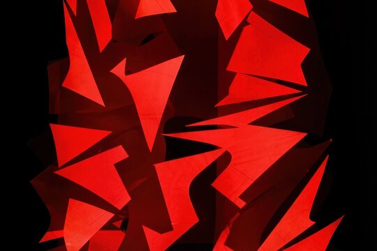 Composition abstraite rouge intense aux formes g&eacute;om&eacute;triques fragment&eacute;es sur fond noir