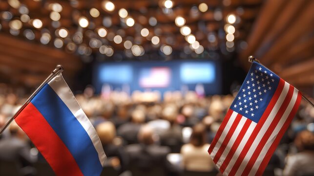 US and Russian desktop flags positioned against a blurred meeting room background. Concept of geopolitical rivalry, diplomatic standoff, and global political crisis.