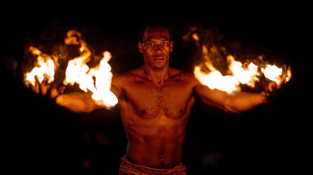 Fire performer showcasing flames with bare torso and traditional attire against a dark background, emphasizing cultural performance and skill in fire manipulation