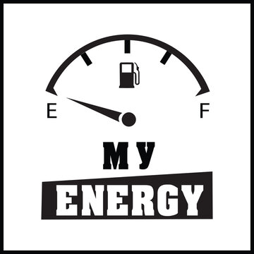 Minimalist black and white illustration of a fuel gauge pointing to empty with 'My Energy' text, ideal for stress, fatigue, or work-life balance campaigns.