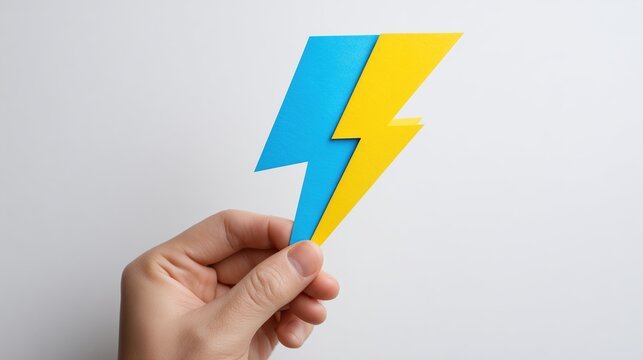 A blue and yellow lightning bolt held by a hand. Metaphor for the indomitable spirit of the nation, resistance against aggression, and the power of the people.