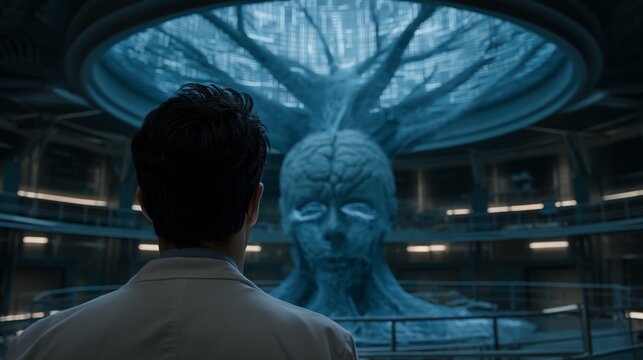 Scientist standing in futuristic lab observing ai human brain model